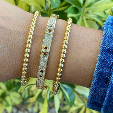 Fancy Pave CZ Evil Eye Bangle Bracelet - Gold and Silver