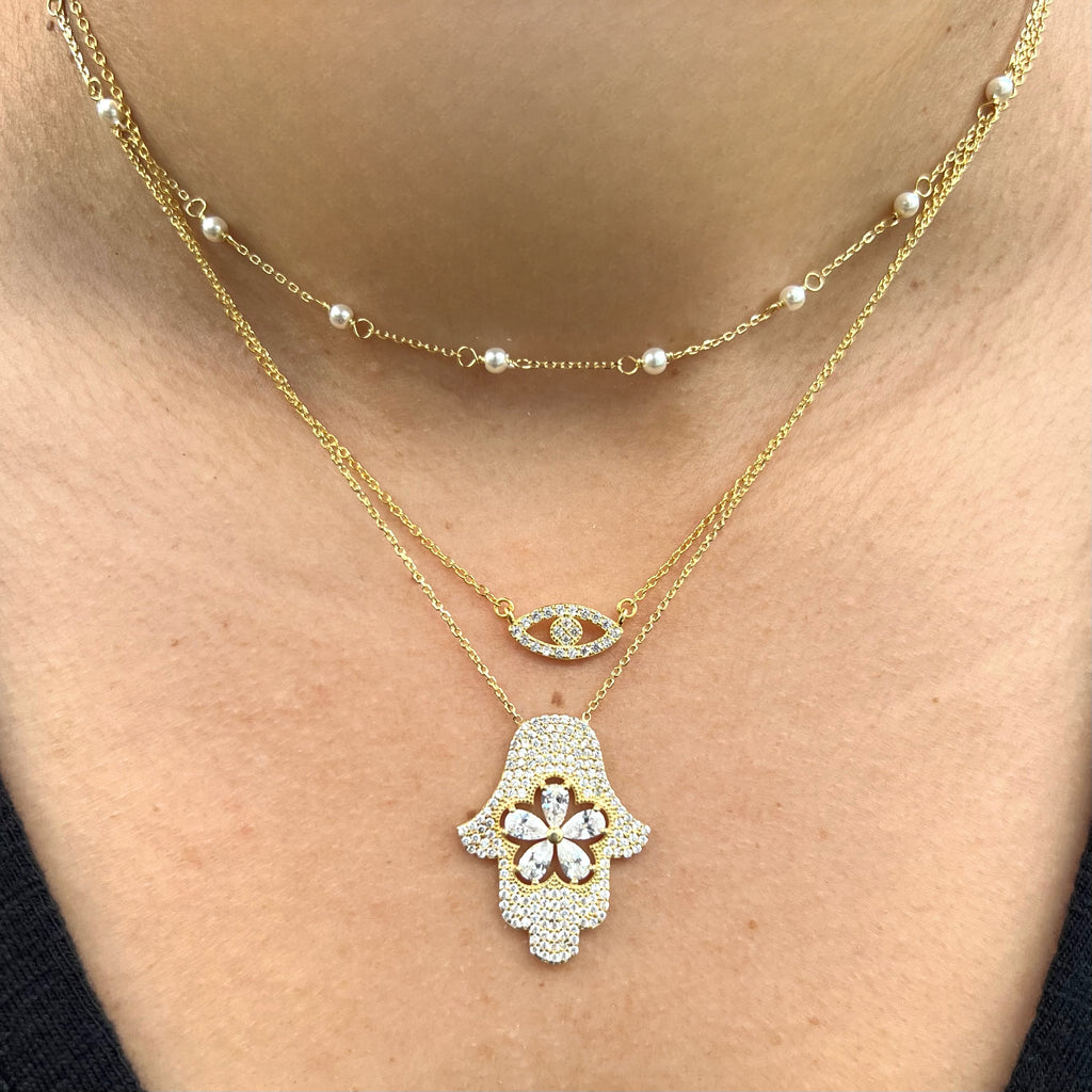 Sterling Silver CZ Hamsa Necklace - Gold