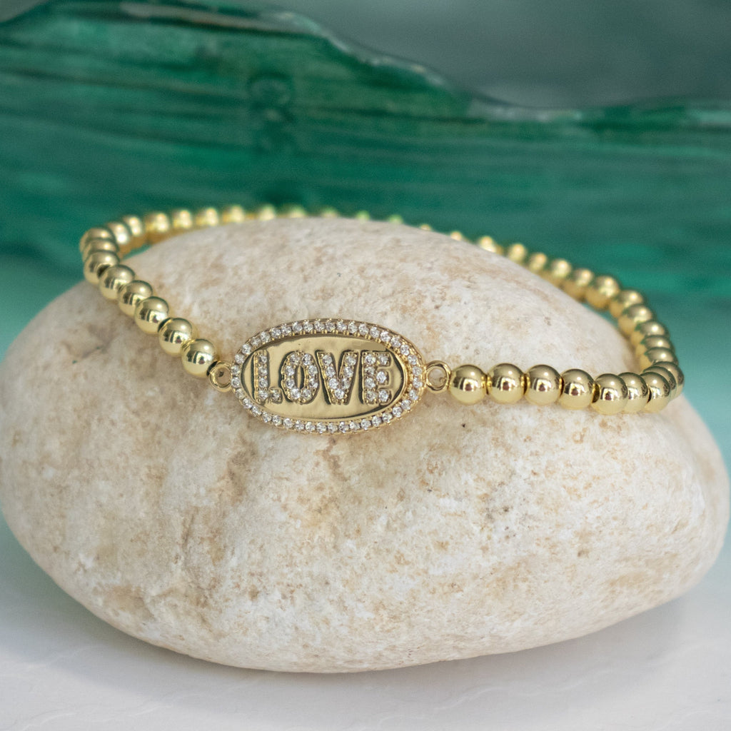 CZ Love Bar Stretch Beaded Bracelet - Gold