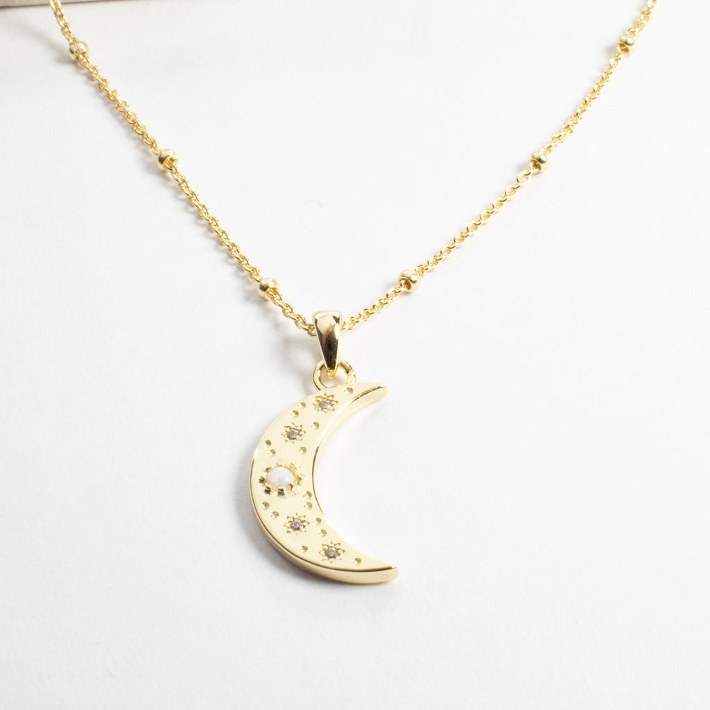 CZ/Opal Half Moon Necklace - Gold
