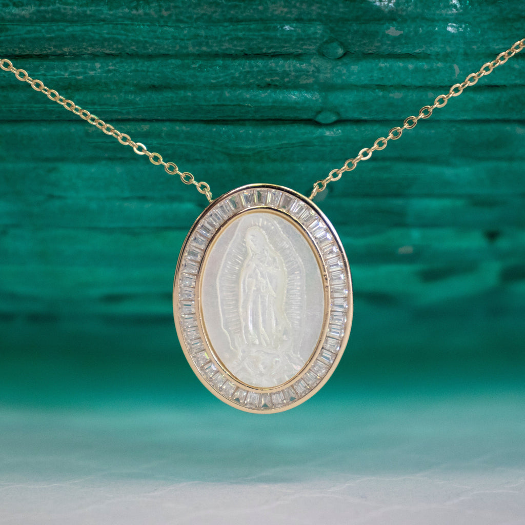 Mother of Pearl Virgin Mary Medal Necklace - Gold or Silver