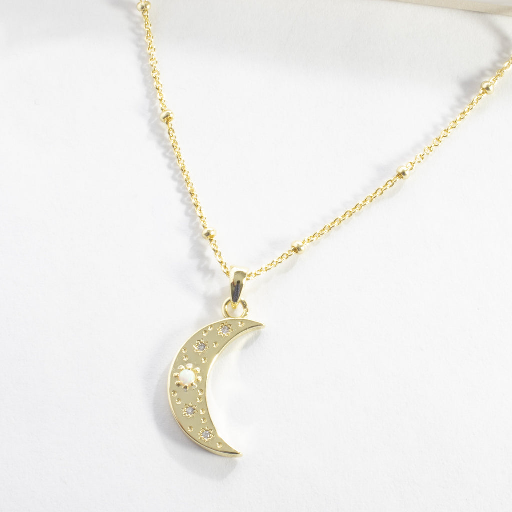 CZ/Opal Half Moon Necklace - Gold
