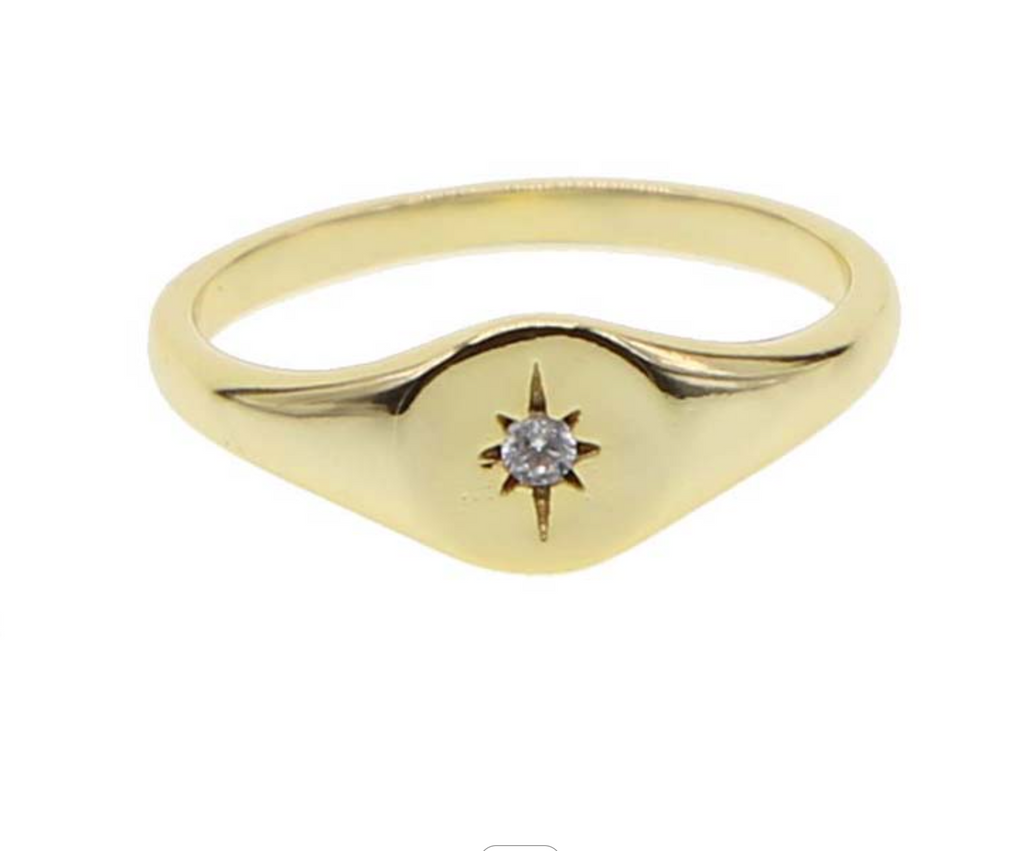 18k Gold Band Ring Cz North Star Ring Starburst Ring Gold 
